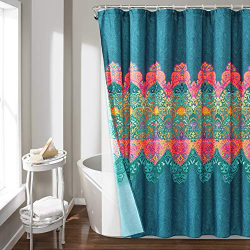 Lush Decor Boho Chic Rideau de Douche avec Doublure en Peva et Anneaux 14 pièces Complet Bleu Marine 72 x 72 cm