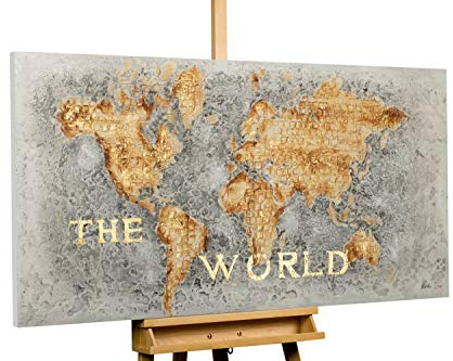 KunstLoft Leinwandbild | 100% HANDGEMALT | 140x70cm | Gemälde 'Our Common Parent' | Weltkarte | Gold Grau | Wandbild Wohnzimmer