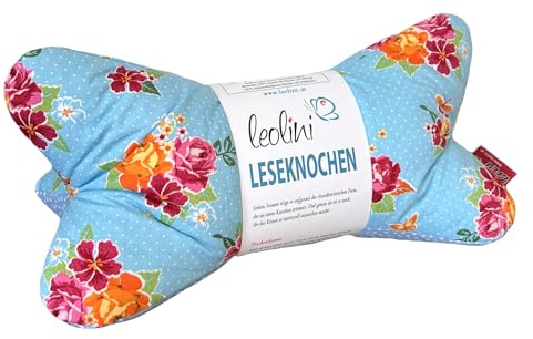 Leolini Leseknochen personalisierbar mit Name | Nackenkissen BLUMENMIX HELLBLAU | handgemacht
