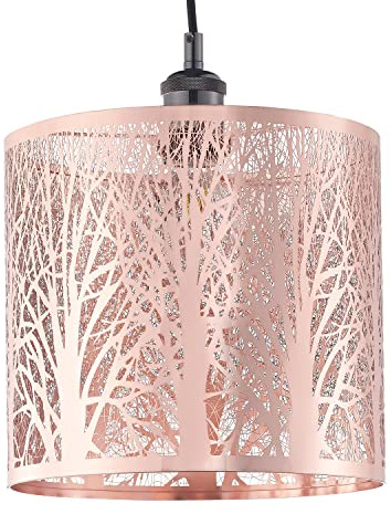Unique and Beautiful Polished Copper Metal Forest Design Ceiling Pendant Shade When Lit The Light Escapes Through The Gaps and Casts The Forest Against The Walls and Ceiling by Happy Homewares