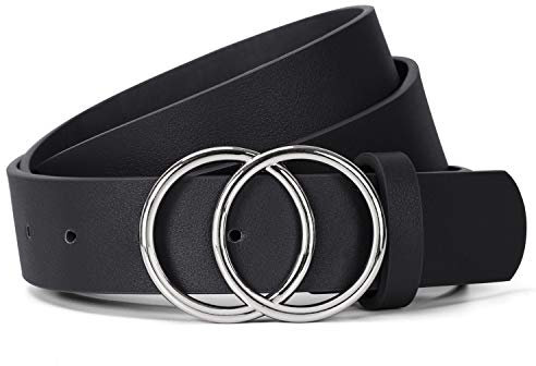 JasGood Damen Ledergürtel Mode Doppel O-Ring Schnalle Gürtel für Jeans Hosen Kleider,Schwarz/Silberne Schnalle,150cm