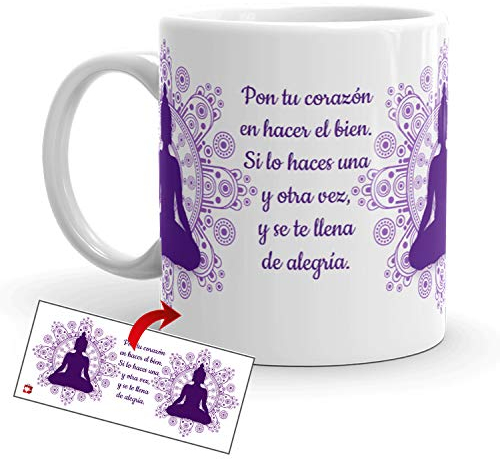 Kembilove Tazas de café Buda – Tazas Desayuno mandalas – Tazas con mensajes positivos – Buda de la abundancia – Tazas originales figura buda – Tazas de té mandalas Buda y frase alegría