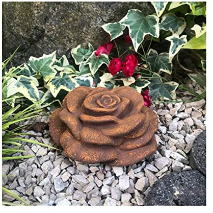 Radami XXL Stein Rose Rosenblüte Blüte Blumen Steinguss frostfest wetterfest Garten Deko aufwendig von Hand bemaltRost Design 15cm 1150g
