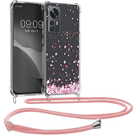 kwmobile Necklace Case kompatibel mit Xiaomi 12 / 12X Hülle - Silikon Cover mit Handykette - Rosa Dunkelbraun Transparent Kirschblütenblätter