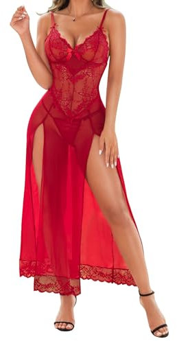 RSLOVE Lingerie Sexy Nuisette Femme Robe au Genou Vêtements de Nuit Robe sans Manches Vine Rouge M