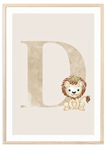 MeinBaby123® Buchstaben Poster DIN A4 Kinderzimmer Mädchen und Junge | Babyzimmer Deko | Bilder Kinderzimmer | Geschenkideen zur Geburt | Geburtsposter | Anfangsbuchstabe Poster D (Löwe - D)