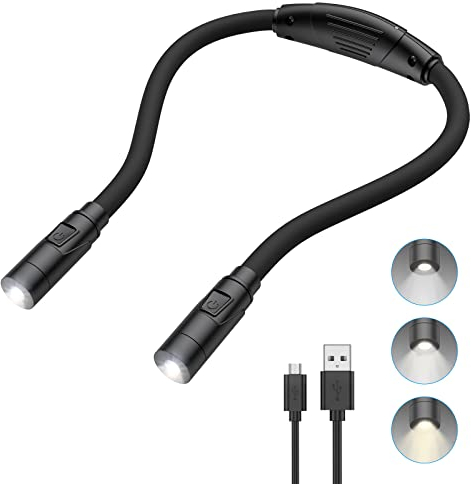 Ankilo NEW LED Hals Leselampe Buchlampe, Buch-Licht für das Lesen im Bett, 3 Farben, Helligkeit einstellbar, biegsame Arme, wiederaufladbar langlebig