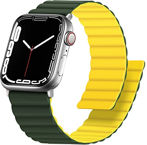 Anlinser Compatibile con Cinturino Apple Watch 49mm 46mm 45mm 44mm 42mm, Cinturini Magnetico Reversibile su Entrambi Lati Compatibile con iWatch Ultra 2/Ultra SE Serie 10/9/8/7/6-1 (Verde/Giallo)