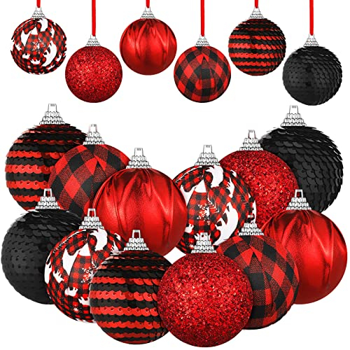12 Stück Weihnachtsbaumschmuck, rot schwarz Büffel Plaid Ball Ornament, rot und schwarz kariert Stoff umwickelte Pailletten Kugel für Weihnachtsfeier hängende Dekoration