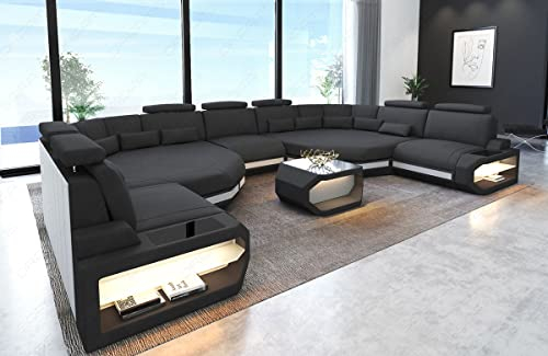 Sofa Dreams XXL Wohnlandschaft Asti Stoffsofa - mit LED Beleuchtung, verstellbare Kopfstützen, Ottomane/Mikrofaser/Ausrichtung wählbar (Weiss-Grau)