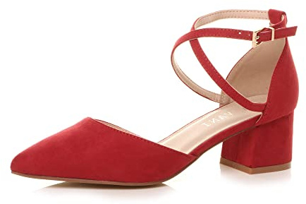 AJVANI Womens Ladies mid Block Heel Pointed Toe Cross Strap Two Part Mary Jane Court Shoes Sandals Size