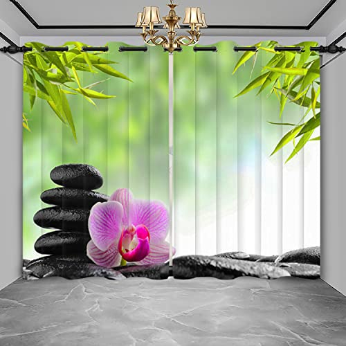 SDOTPMT 107x215cm Spa Thema Fenstervorhang Orchidee Blume Bambus Baum Blatt Kieselstein Steine Zen Wasser Spa Aromatherapie Schiebevorhänge für Schlafzimmer Thermisch isoliert Vorhang, 2 Stücke
