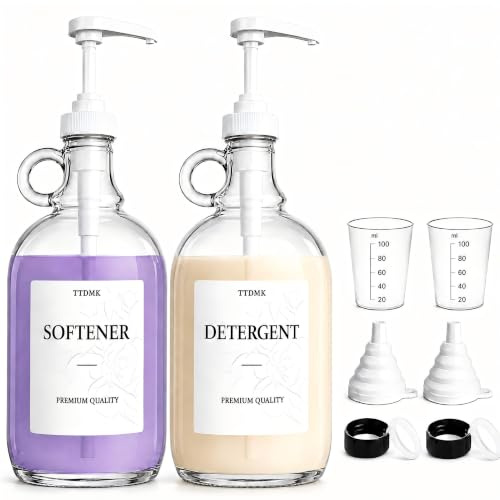 Lot de 2 distributeurs de détergent à lessive liquide en verre pour buanderie (1,8 l chacun), bouteilles de détergent à lessive avec distributeur à pompe – Comprend des étiquettes, un entonnoir, une