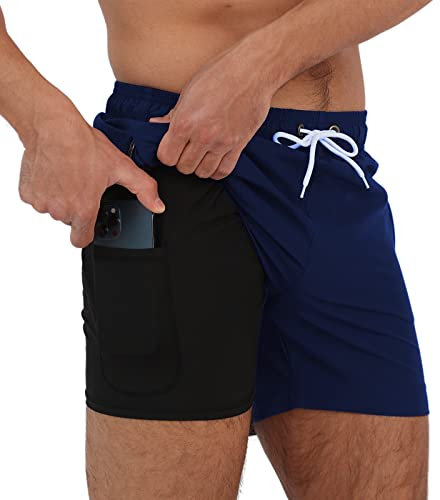Arcweg Herren Badehose mit Kompression Badeshorts 2 in 1 Schnelltrocknend Schwimmhose 5.5 Badeshorts mit Innenhose Reißverschlusstasche Badehose S - XXL Marineblau M(EU)
