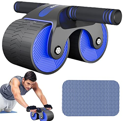 Bauchroller, Automatisches Rebound Aabdominal Wheel, Bauchtrainer mit rutschfester Kniematte, Bauchroller Für Bauchmuskeltraining Mit Stabilen Doppelrädern Und Automatischem Rückprall (Blau)