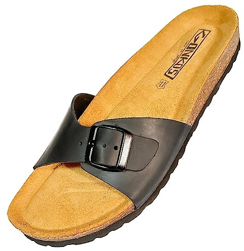 GONKOS®, Sandalias de Piel con Plantilla de Corcho, Piel Autentica, Corcho Natural, Hebilla Ajustable, Sandalias de Pala para Mujer, Sandalias de Calidad Hechas en España, Color Negro Talla 40