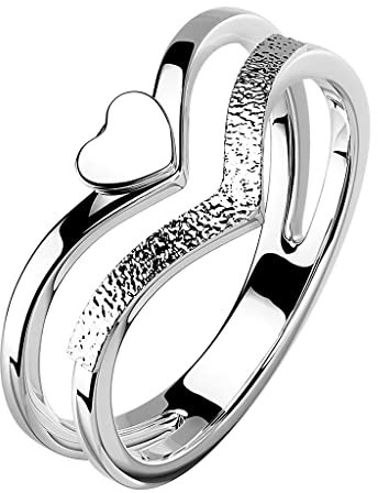 Mianova Damen Ring Edelstahl doppelter Chevron mit Herz Damenring sandgestrahlt Fingerring Silber Größe 51 (16.2)