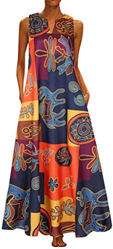 Robe Longue Boheme Chic Femme sans Manches D'été A-Line Dress Ample Fluide Decontractée Sundress Longue Décontractée Grande Taille Robes en Lin Vacances Longue Robe Maxi Robes