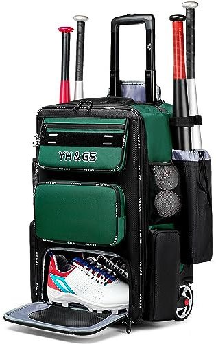 GOTECH Baseball-Tasche mit Rollen, Softball-Tasche mit Zaunhaken für TBallschläger und Ausrüstung, leichte Baseballschläger-Tasche mit Schuhfach, Grün