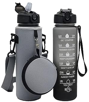 2002 Botella de agua de 1 litro con pajita y funda de neopreno, incluye bolsa, sin BPA, material PP (gris)