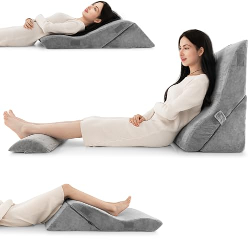 LIFEZEAL 3 Cuscini a Cuneo da Lettura, Regolabile, con Poggiatesta, Manico, Imbottito con Schiuma, Gambe, Schiena, Spalle, Letto, Divano, Fodera Lavabile, Ergonomico, Traspirante (grigio)