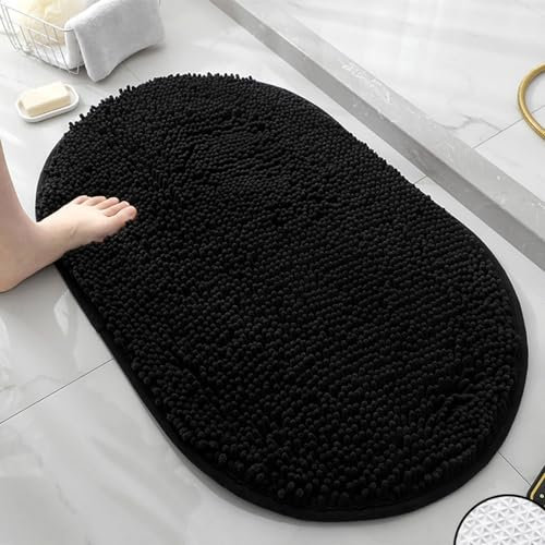 Mateju Chenille Badezimmerteppich, Oval Weich Badteppich rutschfest Badematte Badvorleger Saugfähige Maschinenwaschbare für Dusche Badewanne Toilette (40x60CM,Schwarz)