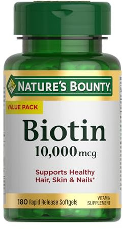 Nature's Bounty Biotin Hair Skin and Nails Vitamins, Supports Healthy Hair, Skin and Nails, 10,000 mcg, Rapid Release Softgels, 180 Ct