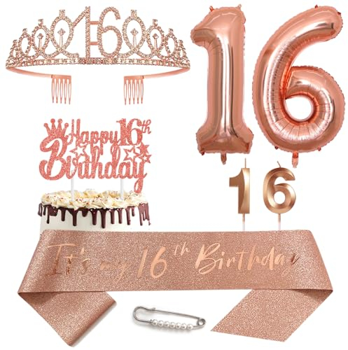 16. Geburtstags Krone Schärpe für Mädchen Kristall Queen Tiara Princess Crown 16 Jahre Geburtstag Tortendeko 16 Geburtstagskrone Geburtstagsschärpe Girls Geburtstagsgeschenk Helium Ballons Zahl 16