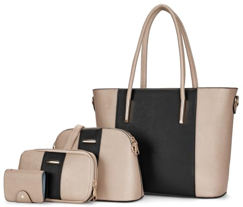 molshine Handtasche Damen aus veganes Leder Groß Henkeltaschen Umhängetasche für Frauen 4-teiliges Set enthalt Geldbörse Kartenpaket,Tragetasche für Büro Reise(Gold) HB036