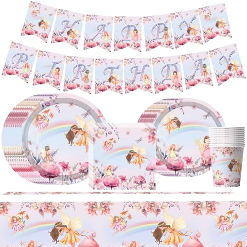 52pcs Fairy Party Decorations, Fairy Tableware, Butterfly Birthday Party Tableware, Fairy Party Tablecloth, Fairy Plates and Napkins,for Fairy Garden Flower Girls Birthday Party Supplies