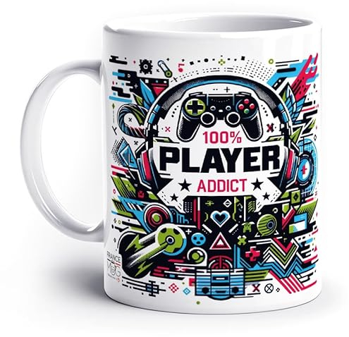 France Mug - '100% Player Addict' III - Café Thé Idée Cadeau Original Anniversaire Humour Jeux-Vidéo Geek Gaming Ami Collègue Famille