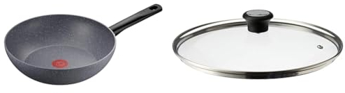 TEFAL Natural On Poêle Wok 28 cm, Induction, Revêtement antiadhésif, Cuisson saine et sûre, Fabriqué en France, Gris G2801902 & 280977 Couvercle en Verre 28 cm avec Anneau