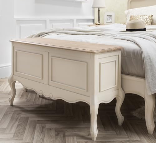 Statement Furniture Juliette French Style Carved Blanket Box Ottoman Storage | 2 Compartments, Lift-up Lid with Metal Mechanism W100cm x D35cm x H60cm (champagne)