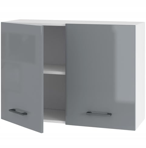 Hängender Küchenschrank 80 cm mit Türen - aus 16 mm Möbelplatte - ideal für mittelgroße und große Küchen - Viel Stauraum - flexibler Aufbau - einfache Montage (Weiß Matt) (graues Acryl glänzend)