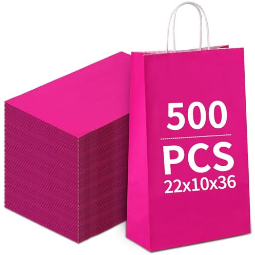 Papiertüten Bunt, Papiertüten mit henkel, Candy Tüten zum Verpacken von Kindergeburtstag, Party, Geschenken, Hochzeiten, Feiern (Pink-22x10x36cm-500pcs)