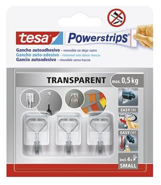 Tesa Powerstrips Klebehaken Small - mit abnehmbaren Metallhaken - Wiederverwendbare Wandhaken für Bad und Küche - Montage ohne Bohren - Transparent - 3 Haken, 4 Powerstrips