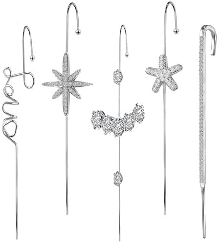 AccGin Trendy Pierced Ear Crawler Earrings for Women Gold & Silver Snowflake Rhinestone Helix Hook Set Fashionista Jewelry with Secure Ear Plug Fixer for Daily & Evening Outfits, Stainless Steel
