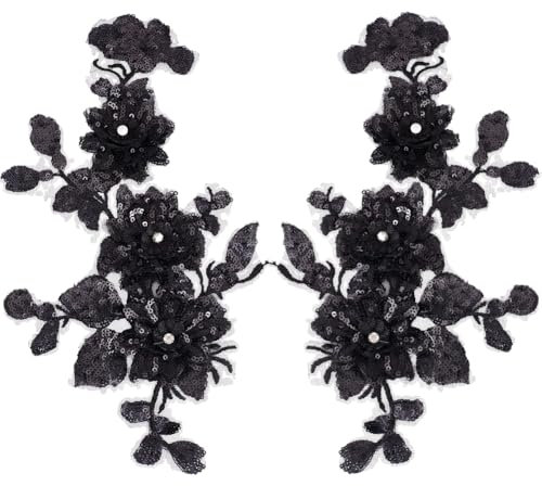 CABODYALS 2 Stück 2 Stile Schwarze Blumen Stickerei Applikation Vintage Perlen Pailletten Spitzen Applikationen 3D Blumen Strass Zum Aufnähen Ornament Patches Zum Nähen Herstellen von Kleidern Partyta