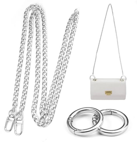 120cm Kettenriemen für Taschen Silber, Metall Taschenriemen Schulterriemen Kette Mit 2 O-Ring, Lang Trageriemen Kette Drehverschlüssen, Taschenersatzkette für Schultertaschen Geldbörse Handtaschen