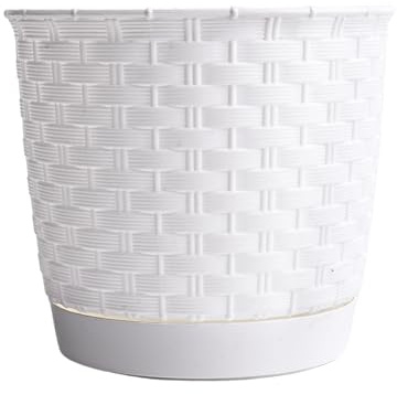 B2C Plant Pot Flowerpot Wave Rattan Look Round Plastic Crystal Modern Decorative Small Medium Large Textured With Matching Saucer (White, 2L)