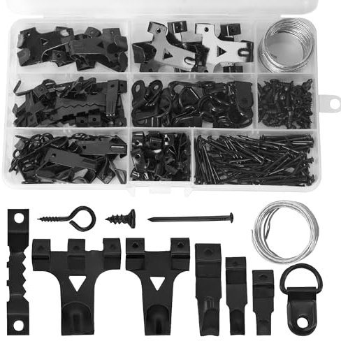 Picture Hooks for Hard Walls, 250PCS Picture Hanging Kit for Picture Frame Heavy Duty Picture Hanging Hooks Picture Hangers Set with Picture Wire, Nails, Sawtooth Hangers, D-Ring, Screw Eyes, Black