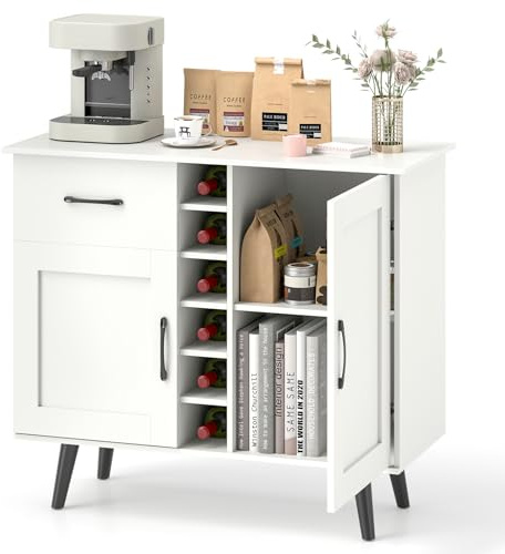 COSTWAY Sideboard Holz, Küchenschrank mit 2 Türen, 1 Schublade & Weinregal für 6 Flaschen, Buffetschrank Landhausstil, Weinschrank Buffet für Küche, Esszimmer, Wohnzimmer, 90 x 40 x 79 cm, Weiß