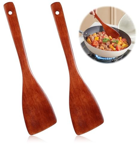 2 Stü Holzspatel Zum Kochen Pfannenwender Holz Spatula Holzschaber Holz Kochbesteck Langem Griff Antihaft Holzspachtel zum Kochen für Wok Pfanne Küche Restaurant (33cm/12.99inch)