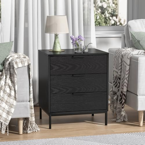 Yvsevnr Schwarz Nachttisch mit 3 Schubladen, Nachtschrank Holz Nachtkommode, Sofatisch Beistelltisch, Nachtkonsole für Wohnzimmer, Schlafzimmer, Flur, Büro