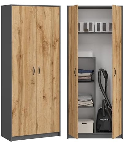 KUBUTKU Armario Multiusos para escobas 180 x 74 x 35 cm, Grafito/Roble Wotan
