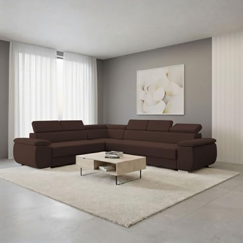 FORNIRO 24 Dantino Ecksofa 318x255x79 Braun Wohnzimmer Couch Schlafsofa | Mit Schlaffunktion & Bettkasten - L-Form - Kissen - Stoff Komfort | ausziehbar Gäste bequem Stauraum Design hochwertig robust