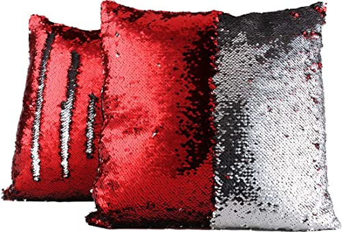 Jungengel 4er Set Pailletten Kissenbezüge 40x40 cm – Bi-Color Glitzerkissen – Dekokissen für Sofa & Bett (Weinrot & Silber)