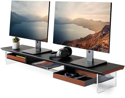 Fenge Monitor Stand, 108cm, Acrylic, Monitor Riser, for PC Laptop, Black | Dual-Device, Floating Design, 2 Felt-Lined Beech Drawers, Metal Shelf, Cable Mgmt, Drop-Proof Edge, For TV Computer Office