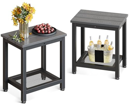 Coleshome Beistelltisch Outdoor mit Stauraum 2er Set, Kleiner 2-stöckiger Beistelltisch mit Wetterbeständiger, Wasserdichter Platte für Garten, Terrasse, Poolbereich, Grau