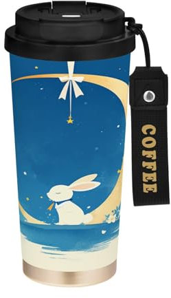 Yuiboo Bunny Midnight Blue Coffee Travel Tumblers for Men Mugs with Lids Stainless Steel Thermal Cups for Hot Cold Drinks 17oz Leakproof